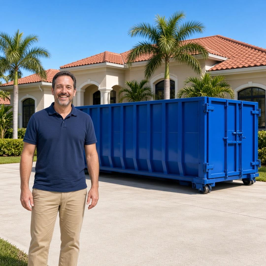 Person standing in front of a roll-off dumpster and a Florida home in Estero