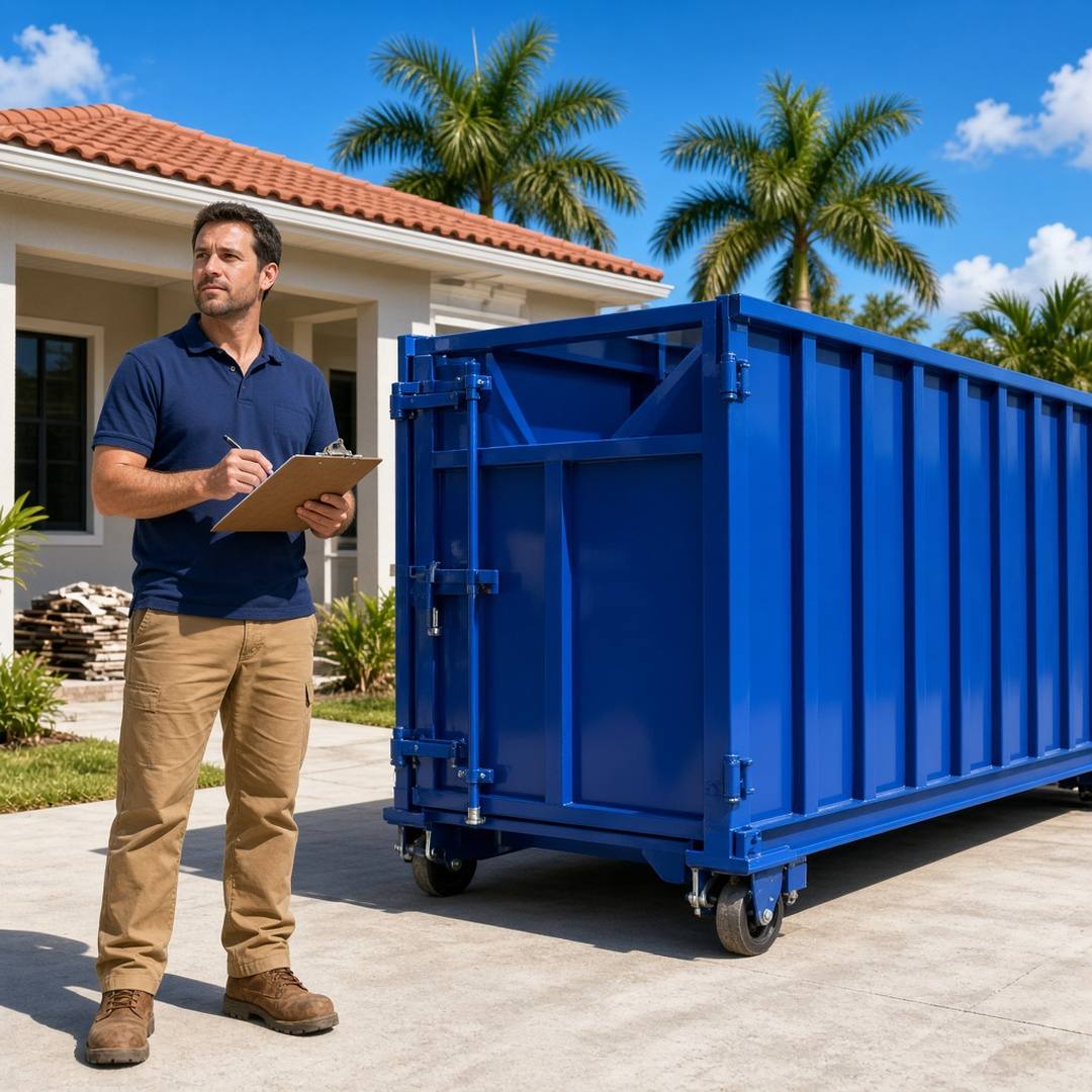 Contractor choosing a dumpster size beside a 30-yard roll-off in Estero