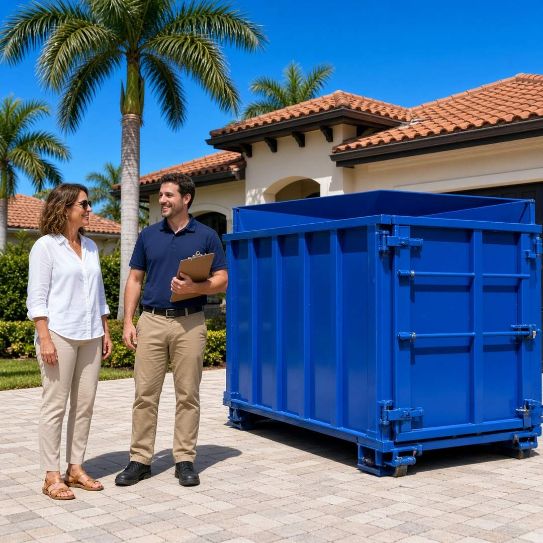 Homeowner and contractor beside a roll-off dumpster on an Estero, FL driveway