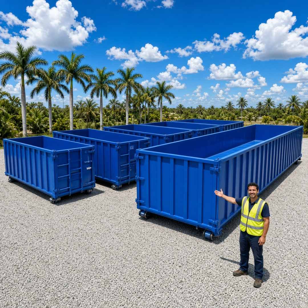 10, 20, 30, and 40-yard roll-off dumpsters lined up in Estero, FL
