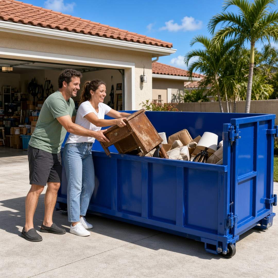 Couple loading old furniture into a roll-off during a cleanout in Estero, FL