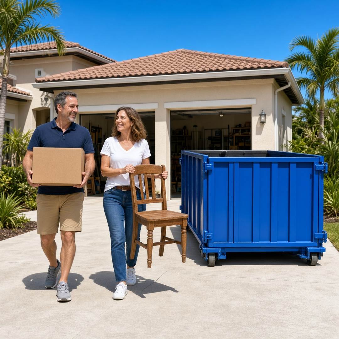 Couple loading a 10-yard roll-off during a garage cleanout in Estero, FL