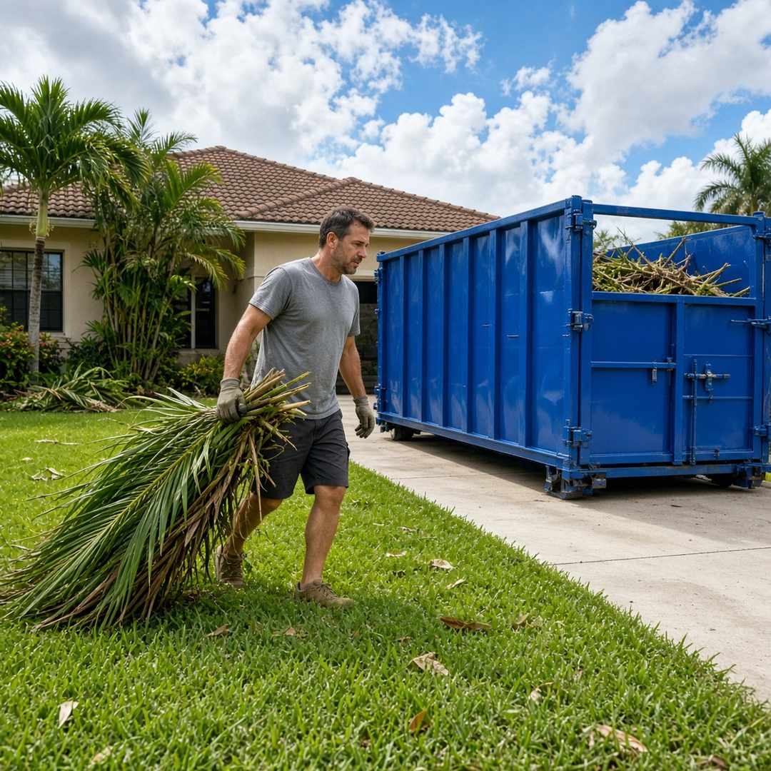 Estero homeowner dragging fallen palm fronds toward a roll-off after a storm