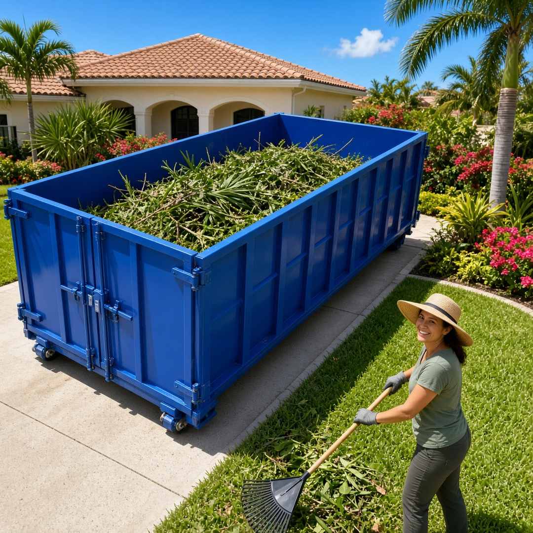 Roll-off dumpster half-full of yard and vegetative debris in Estero, FL